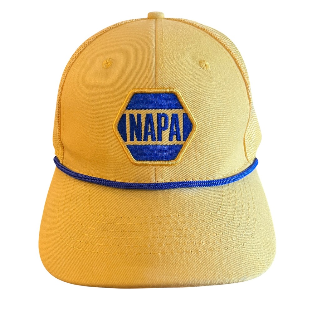 NAPA Auto Parts 100th Anniversary Trucker Hat Yellow Blue Rope Mesh Back Cap